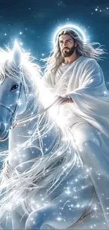 Majestic figure on a luminous horse in a fantasy setting.