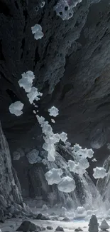 Adventurer exploring icy cave with floating crystals.