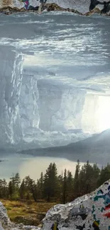 Ethereal ice cave opening to serene forest landscape.