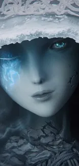 Mystical ice figure with blue eyes on a fantasy-themed wallpaper.