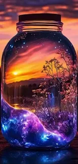 Magical sunset in a jar with cosmic landscape.