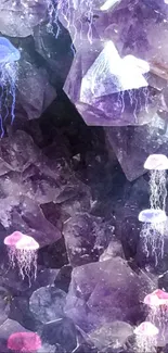 Ethereal jellyfish and crystals in a purple-themed mobile wallpaper.