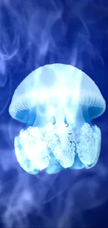 Glowing blue jellyfish in deep sea.