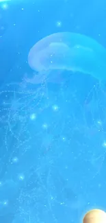 Ethereal blue jellyfish in a glowing ocean backdrop for mobile.