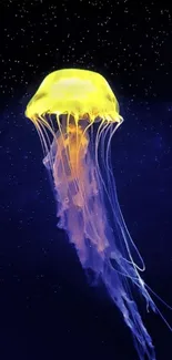 Vibrant yellow jellyfish floating in space with starry night background.