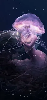 Ethereal jellyfish maiden with glowing colors on a dark oceanic background.