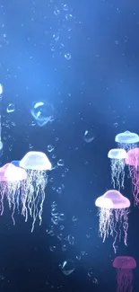 Blue and pink jellyfish float on a serene ocean background.