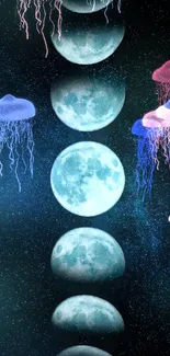 A mesmerizing wallpaper of jellyfish and moons in a starry night sky.