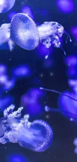 Ethereal blue jellyfish swimming in a serene ocean background.