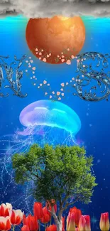 Ethereal glowing jellyfish in deep blue ocean background.