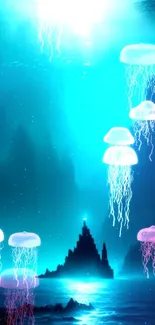 Ethereal ocean scene with glowing jellyfish.