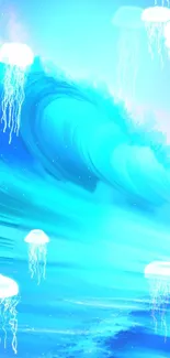 Blue ocean waves with floating jellyfish wallpaper.