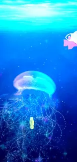 Vibrant underwater scene with jellyfish in blue ocean.