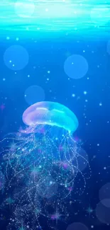 Ethereal glowing jellyfish floating in a tranquil blue ocean scene.