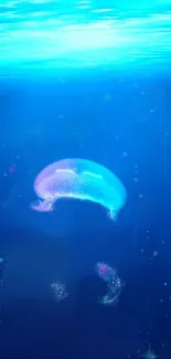 Ethereal jellyfish glows in deep blue ocean wallpaper.