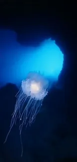 Mystical blue cave with glowing jellyfish, serene underwater scene.