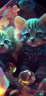 Magical kittens surrounded by glowing gems in a fantasy setting.