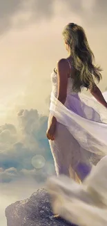 Ethereal woman standing among clouds.