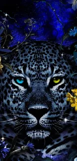 Leopard among vibrant flowers on a blue cosmic background.