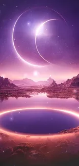 Ethereal lunar landscape with glowing crescent moon over a serene lake.