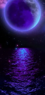 Purple moon reflecting over night ocean scenery.