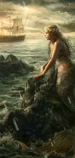 Magical mermaid on rocks gazing at a distant ship during a mesmerizing sunset.