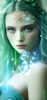 Ethereal mermaid with teal hair and fantasy art details.