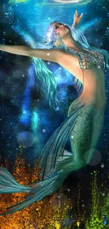 Ethereal mermaid art in vibrant colors underwater.