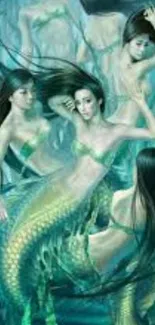 Ethereal underwater scene with mythical mermaids in teal hues.