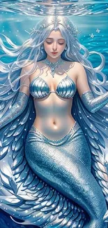 Ethereal mermaid floating in blue ocean depths as mobile wallpaper.