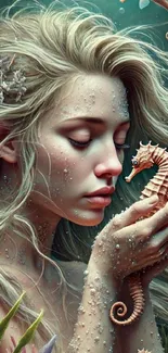 A mystical mermaid gently holds a seahorse in an underwater scene.