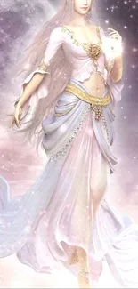 Ethereal goddess in moonlit lavender gown artwork.