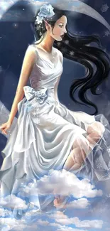 Ethereal character in moonlit fantasy scene with flowing gown.