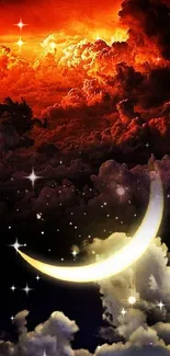 Glowing crescent moon with vibrant clouds.