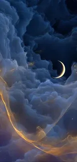 Crescent moon in a dreamy cloudscape at night.