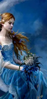 Ethereal fairy with moon and blue hues.