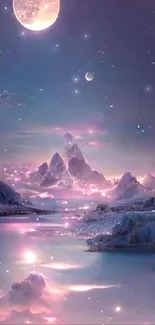 Ethereal landscape under a glowing moon with dreamy, purple skies.