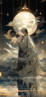 A fantasy scene with a figure under a large moon and ethereal clouds.