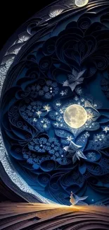 Ethereal moonlit scene with fantasy elements in a blue night setting.