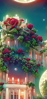 Tower with roses and glowing moons in a mystical garden setting.