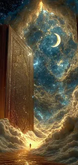Ethereal scene with moonlit gateway and clouds.