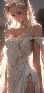 Ethereal goddess with flowing silver hair in moonlit scene.