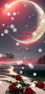 Ethereal landscape with crescent moon and red roses under a glowing sky.