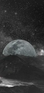 Moonlit landscape with stars over mountainous terrain.