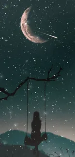 Silhouette on swing under starry sky with moonlight.