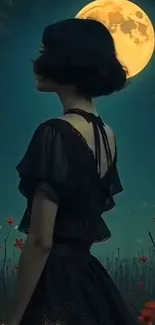 Silhouette of a woman under a full moon with a floral foreground.