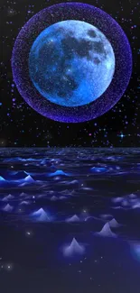 Moonlit night sky with stars and blue waves creating a serene cosmic view.