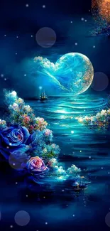 Ethereal scene with moonlit ocean and glowing flowers.