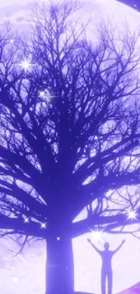 Silhouette of tree against bright moon with stars, creating a mystical scene.