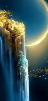 Ethereal moonlit waterfall on a mobile wallpaper with vivid blue and gold tones.